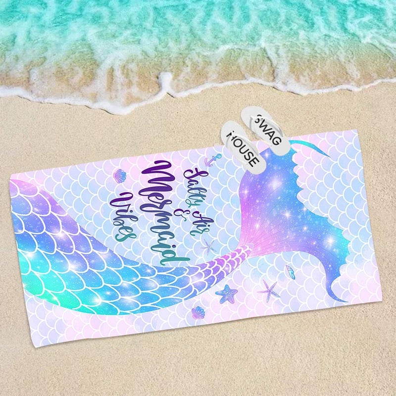 Bonsai Tree Mermaid Beach Towel, Mermaid Tail Cute Microfiber Bath Towel for Girls, Mermaid Scales Sand Free Quick Dry Womens Travel Towels for Yoga Sports 31" x 63" - Image 1
